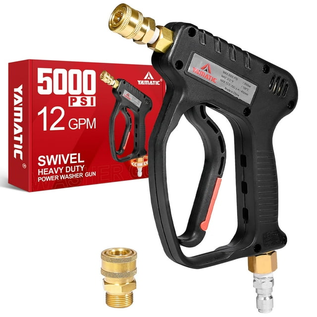 YAMATIC Short Pressure Washer Gun with Swivel, 5000 PSI Power Washer Wand Stubby Trigger Handle with 3/8" Plug & M22-14mm Male Inlet, 1/4" Quick Connect Outlet for Foam C