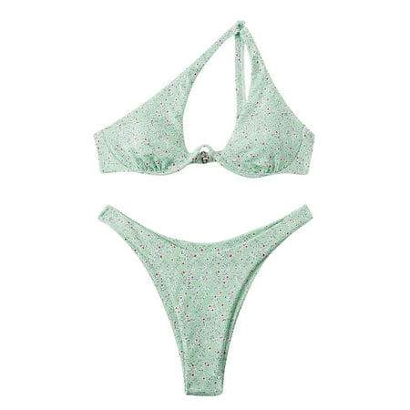 One Shoulder Swimsuits for Women 2 Piece Floral Bathing Suit Underwire Bikini Top with Thong Bottoms Cheeky Swimwear  Green  XL