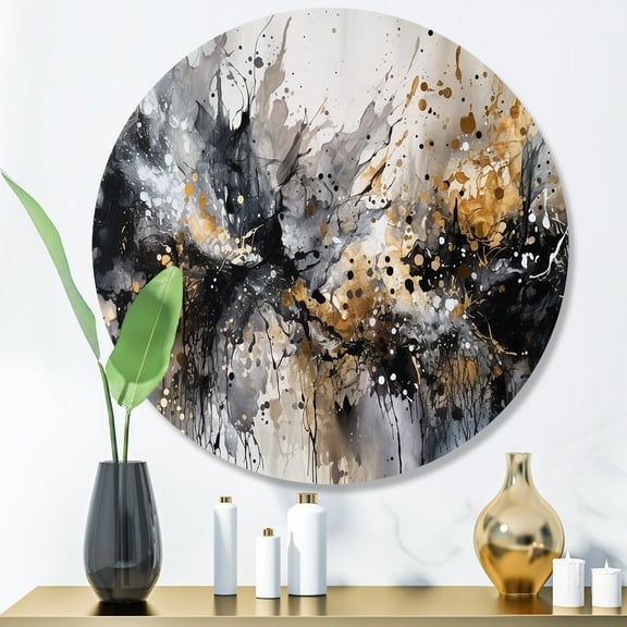 Designart "Delicate Brushstrokes Grey and Gold III" Abstract Marble Metal Round Wall Art