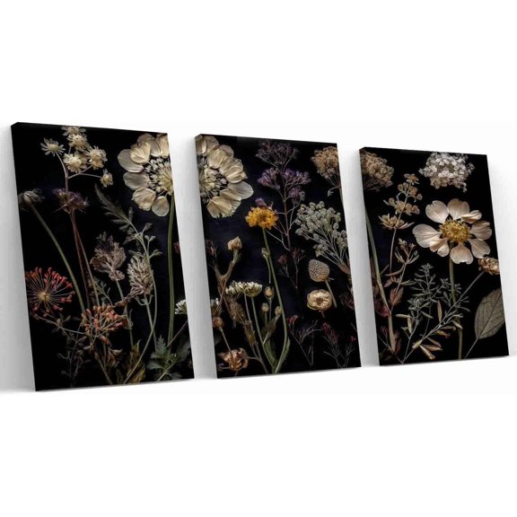 Floral Spring Triptych Canvas Art Moody Wildflower Decor for Living Room Bedroom Gifts and Seasonal Home Decoration,of canvas paintings（Only canvas）