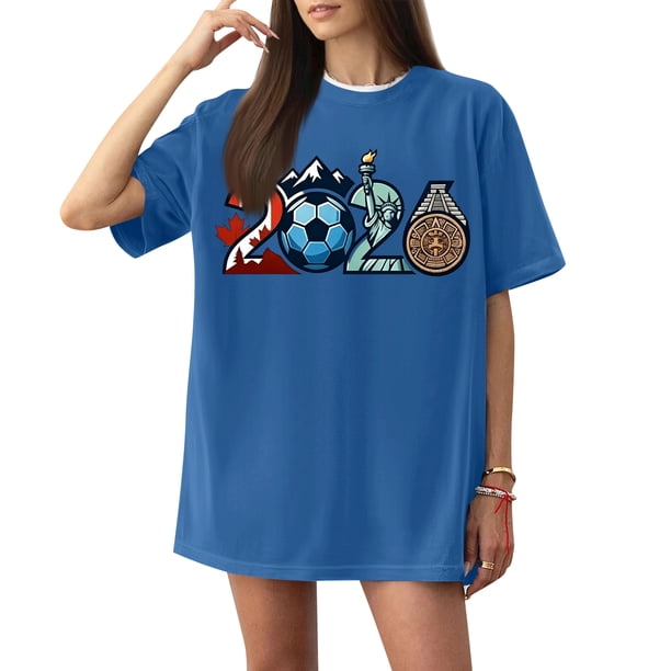 Women's Football Graphic T-Shirt, Women's Soccer Letter Print Short Sleeve T-Shirt - Casual Summer Neck Top for Sports Fans, Everyday Wear for Soccer Tournament 2026 Blue Size: XL