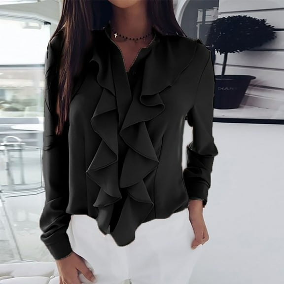 Women's Long Sleeve V-Neck Top with Ruffled Collar Solid Color Loose Fit Casual Blouse