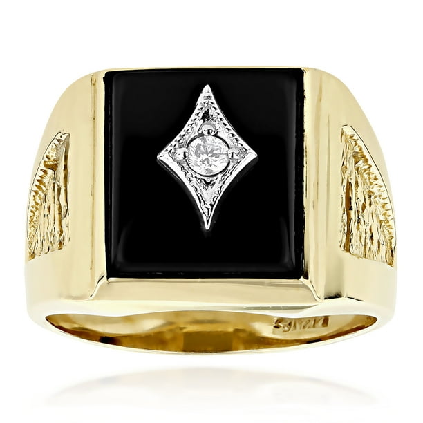 Luxurman Black Square Natural Onyx And Real 0.1 Ctw Diamond 14K Mens Ring For Him (Yellow Gold