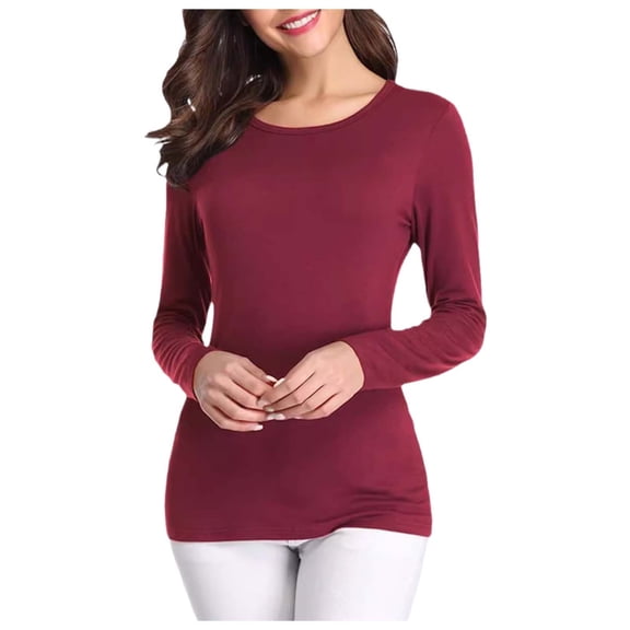 MDUKONU Women's Basic Long Sleeve T Shirts, Crewneck Slim Fit Spandex Tops, Plain Layer Underscrub Tees L