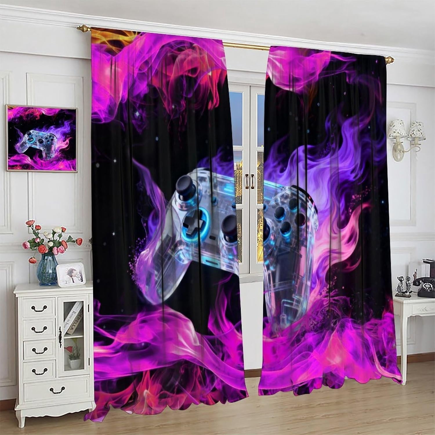 Gamer Curtains for Boys Teens,Purple Flame Creative Game Controller Cool Video Game Print Blackout Rod Pocket Window Treatments Drapes for Bedroom Playroom Home Decor 84" W X 84" L