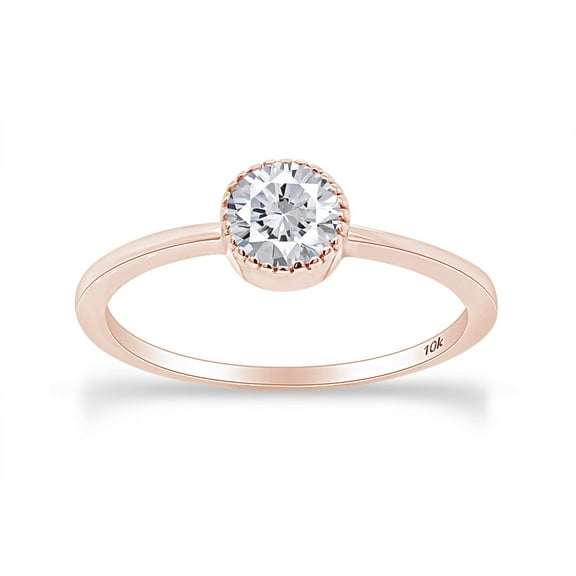 AFFY Round Shape White Cubic Zirconia Fashion Solitaire Engagement Ring In 10k Solid Rose Gold Ring Size-5