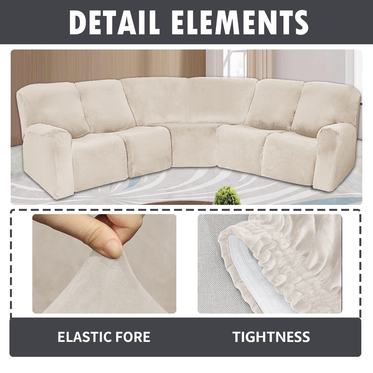 TOPCHANCES Velvet Recliner Sofa Covers, 5 Seat Corner Sofa Covers Stretch Furniture Protector Including 2 Arm Pieces, 4 Seat and Backrest Pieces and 1 Corner Piece, Beige