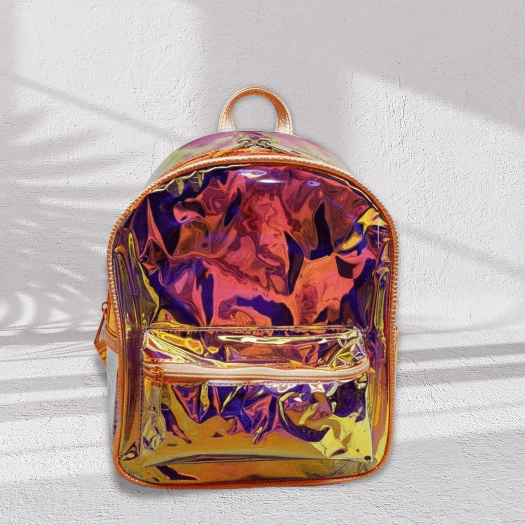 Clear Above Iridescent Mini Backpack with Purse – Holographic Shoulder Daypack for Travel, Concerts, Festivals & Everyday Fashion (Bronze Trim)