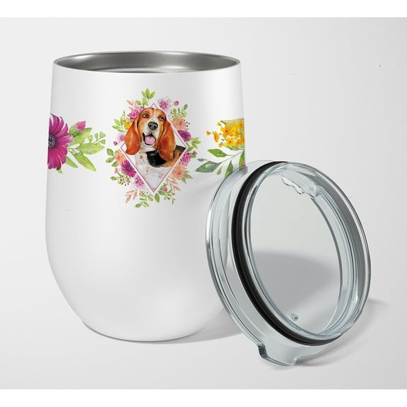 Carolines Treasures CK4116TBL12 Basset Hound Pink Flowers Stainless Steel 12 oz Stemless Wine Glass 12 oz multicolor