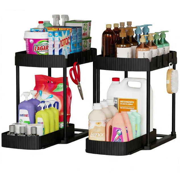Organizadores extraíbles multiusos para debajo del fregadero y el armario, para baño y cocina, color negro, 32 cm (paquete de 2)