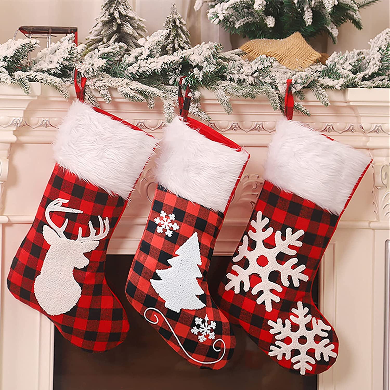 Christmas Stockings 3 Pack 19 Inches Red and Black Buffalo Plaid Christmas Stockings for 