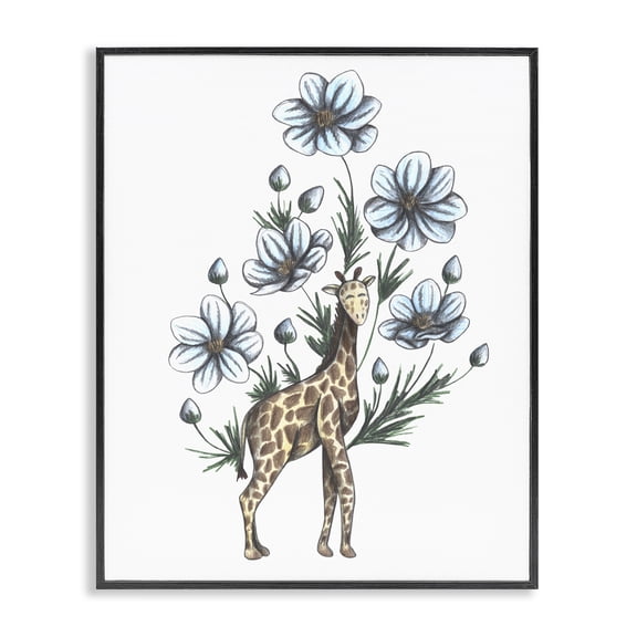Giraffe with Flower Blossoms Black Framed Giclee Art, design by Cecilia Battaini