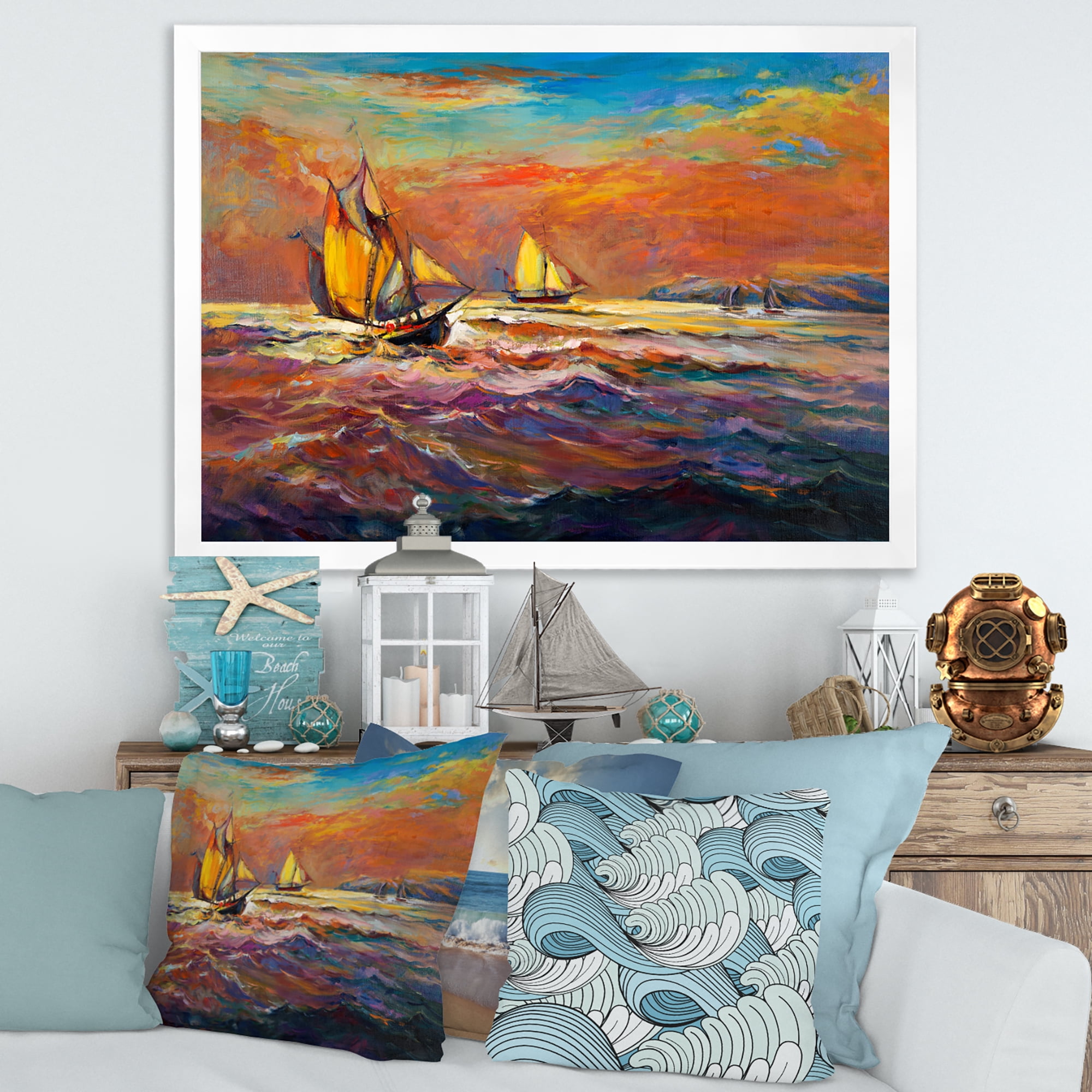 Sail ships On The Ocean Waves During Orange Evening Glow 40 in x 30 in Framed Painting Canvas Art Print, by Designart