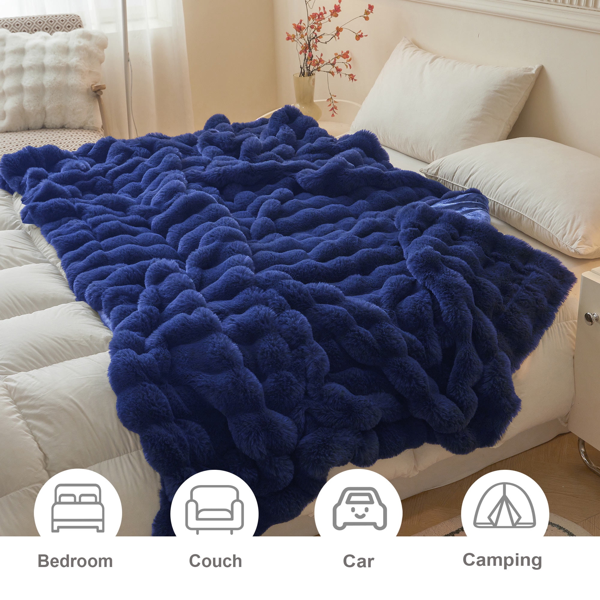 LIFEREVO Fluffy Faux Rabbit Fur Bubble Blanket, Plush Shaggy Throw for Couch Sofa, Cozy Comfy Furry Bed Blanket Adults Kids Teens Girls, Royal Fuzzy Throw for Bedroom Living Room 60x90, Navy Blue