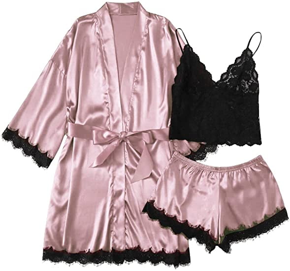 Women' Silk Satin Pajamas Set 3pcs Floral Lace Trim Cami Lingerie ...