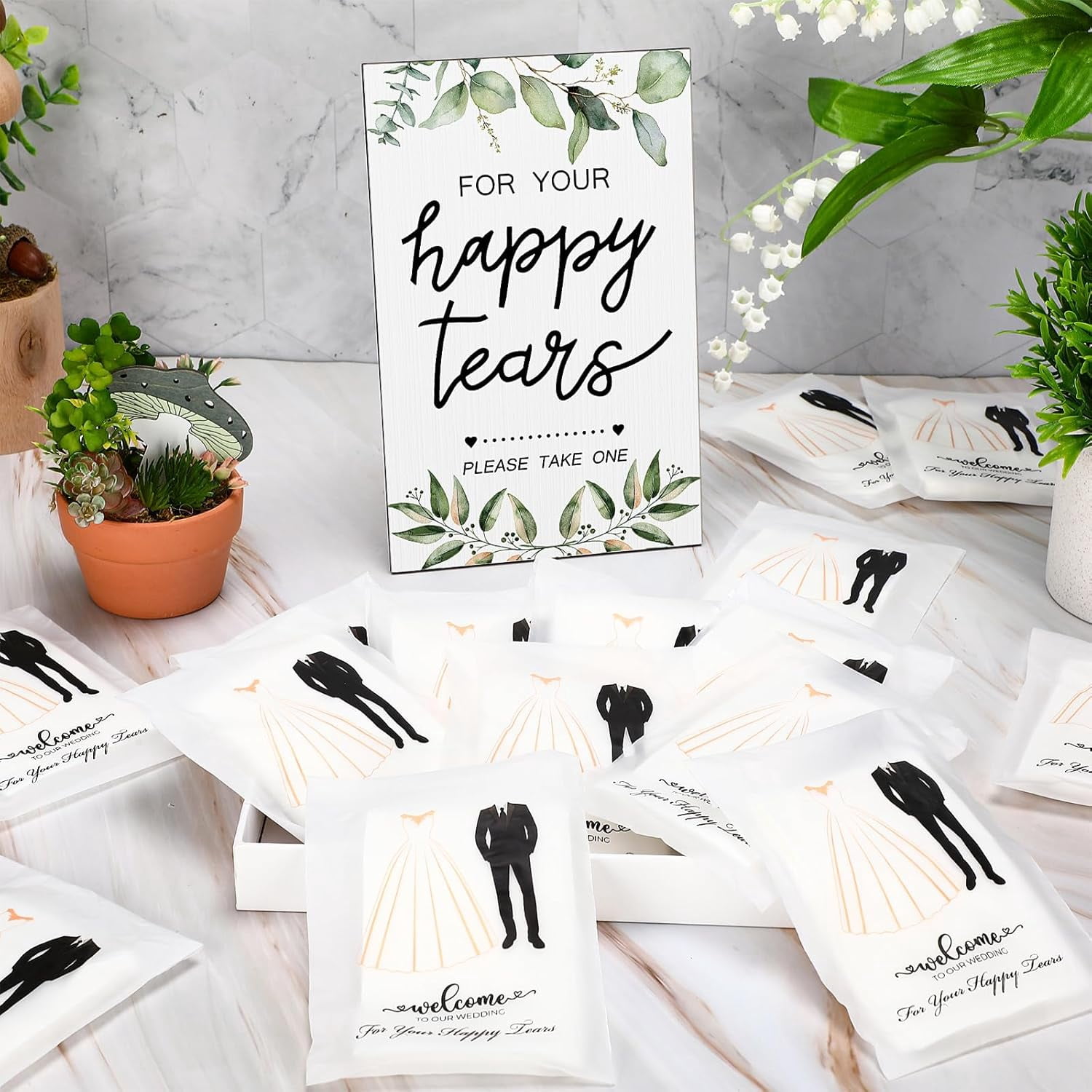 Happy Tears Tissue Packs for Wedding 1 Wood Sign 100 Pcs 3 Ply for Your Happy Tears Wedding Tissues for Hotel Guests Party Supplies