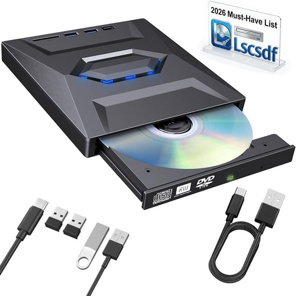 7-in-1 External USB DVD Drive & Blu-Ray Player, USB 3.0 Type-C Portable CD DVD ROM Rw Burner Writer with 3 USB Ports, Sd/Tf Card Slots for Laptop Desktop Mac MacBook Windows 11/10/7