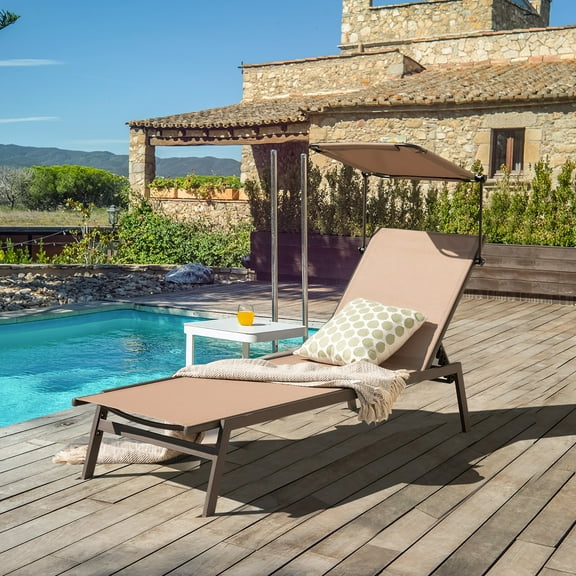 Costway Outdoor Chaise Lounge Chair with Sunshade 6-Level Adjustable Recliner Backyard Brown