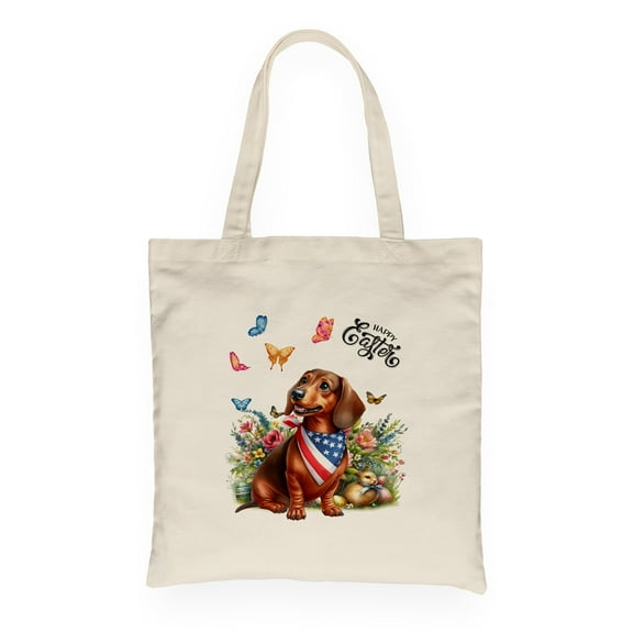 Dachshund Celebrates Spring and Enjoys a Happy Easter Canvas Tote Bag Wiener Dog Lover Gifts Idea Reusable Shopping Grocery Bag - 02001