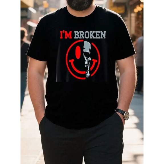 Men's Heavyweight 100% Cotton T-Shirt - Soft Breathable Crew Neck Tee with Edgy "I'M BROKEN" Skull Graphic - Gothic Streetwear Essential for Concerts, Gym, Everyday - Plus