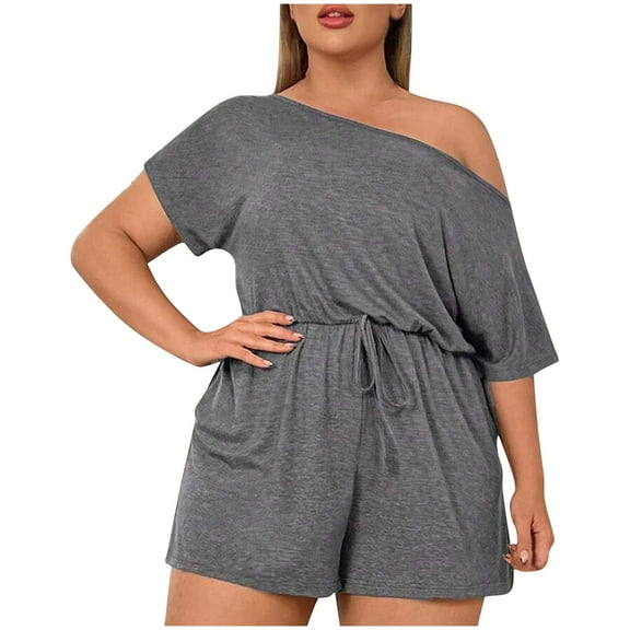 Jgppe Women's Plus Size Rompers Summer Loose off the Shoulder Short Sleeve Casual Shorts Jumpsuits with Pockets
