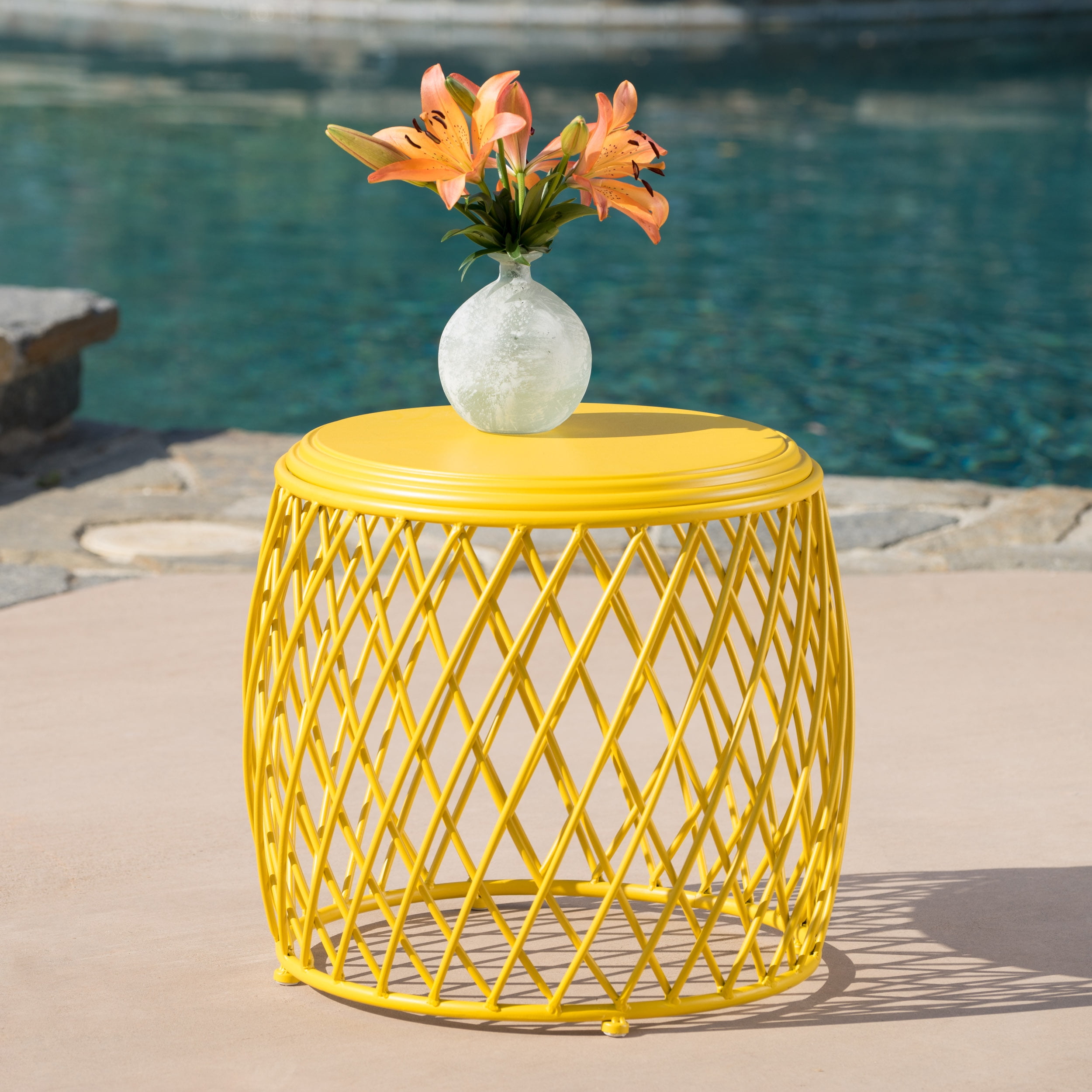 Alejandro Outdoor 19 Inch Diameter Lattice Iron Side Table Yellow