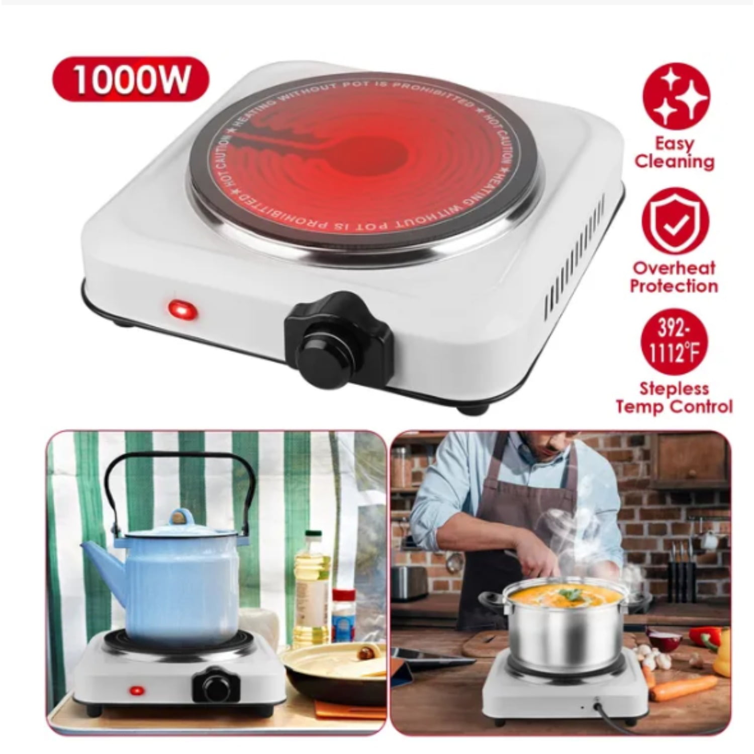 TENGDA 1000W Electric Infrared Single Burner Portable Hot Plate 7.5 Inch Glass Cooktop Stepless Temperature Control for Home RV Camping