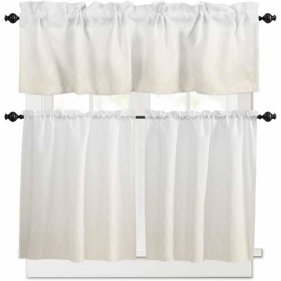 Cream White Ombre Kitchen Curtains and Valances Set, Rod Pocket Curtains Tier Farmhouse Window Curtains 36 Inch Length, Minimalism Line Texture Modern Art 3 Piece Kitchen Curtains Set