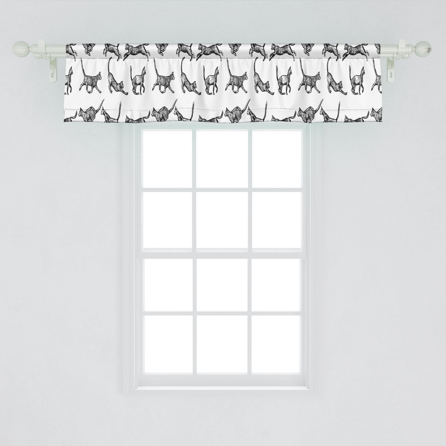 Ambesonne Charcoal Window Valance, Monochromatic Cat Lover Pattern with