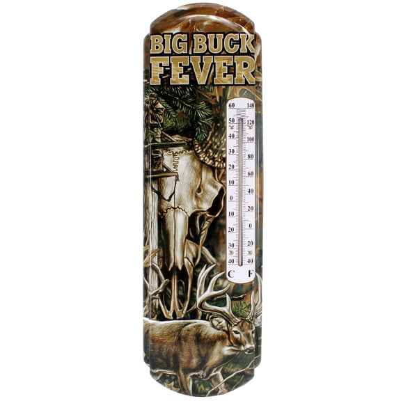 Rivers Edge Products Tin Wall Thermometer, 17" x 5" UV Coated Indoor or Outdoor Thermometer, Home, Garage, or Kitchen Thermometer for Room Temperature, Novelty Temperature Gauge, Big Buck Fever