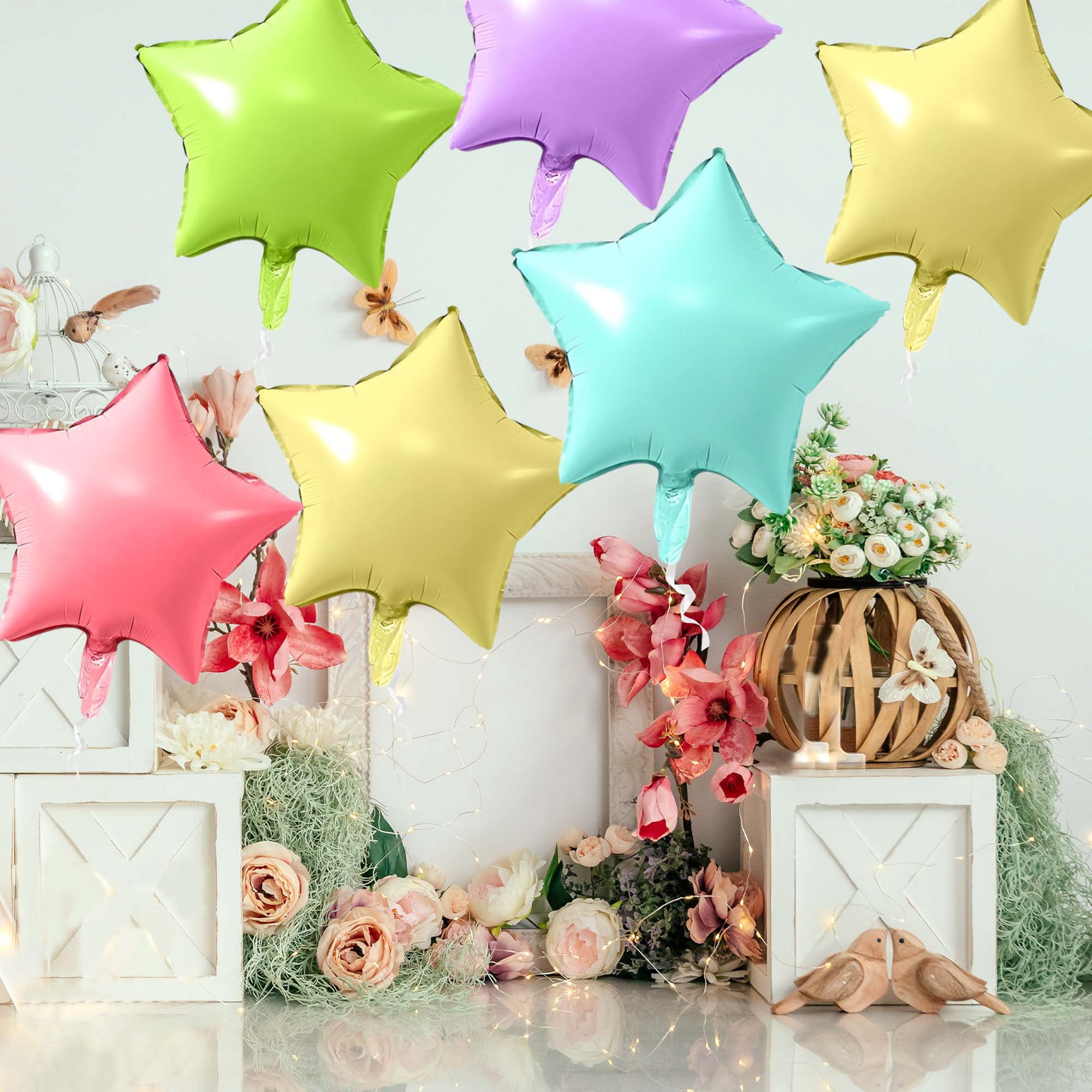 Unique Bargains 10Pcs Helium Balloons with Ribbon Star Pattern Assorted Color