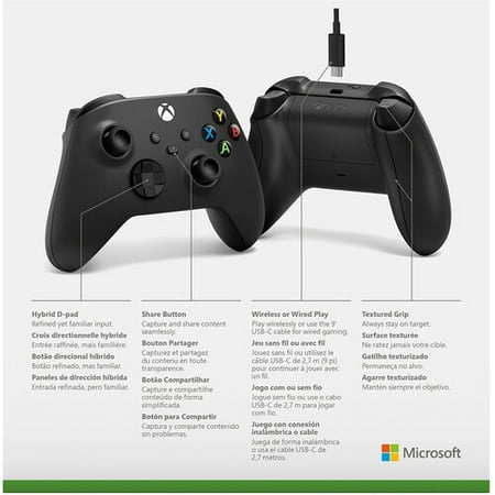 Microsoft - Xbox Wireless Controller for Windows Devices, Xbox Series X, Xbox Series S, Xbox One + USB-C Cable - Carbon Black