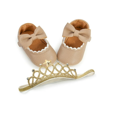 

Ymiytan Baby Girls Mary Jane Bowknot Flats First Walkers Crib Shoes Party Lightweight Fashion Comfort Princess Dress Shoe Khaki Bow with Headband 6C