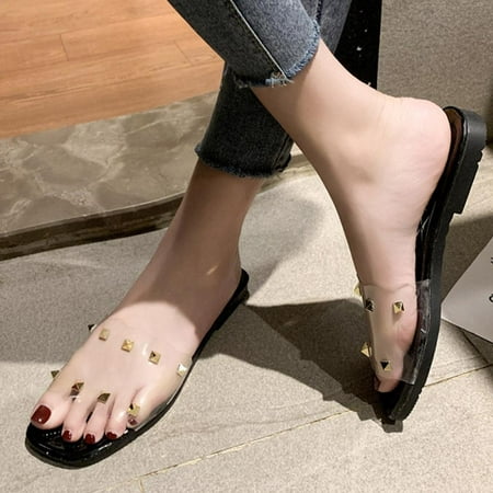 

Women s Transparent Rivet Studded Spike Flat Sandals Summer Peep Toe Slip On Mules Slippers Shoes