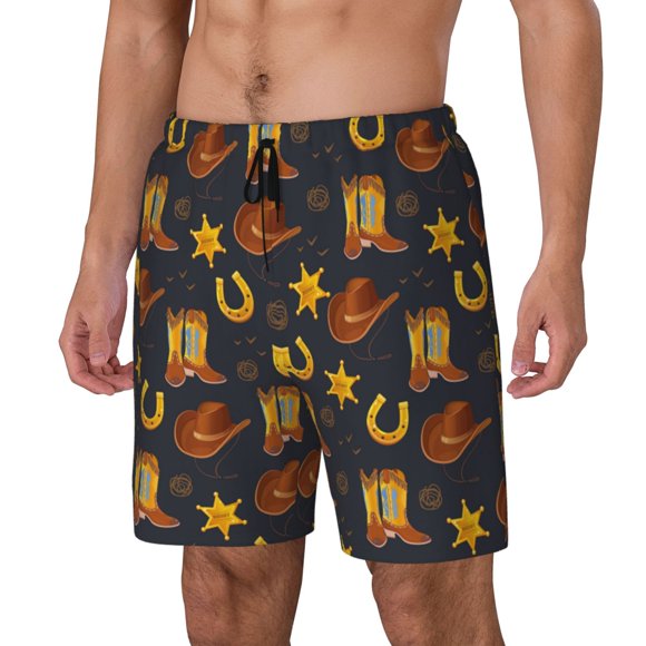 Wukai Wild West Golden Horseshoe Men's Quick Dry Swim Trunks,Board Shorts with Liner Beach Swimwear-XX-Large