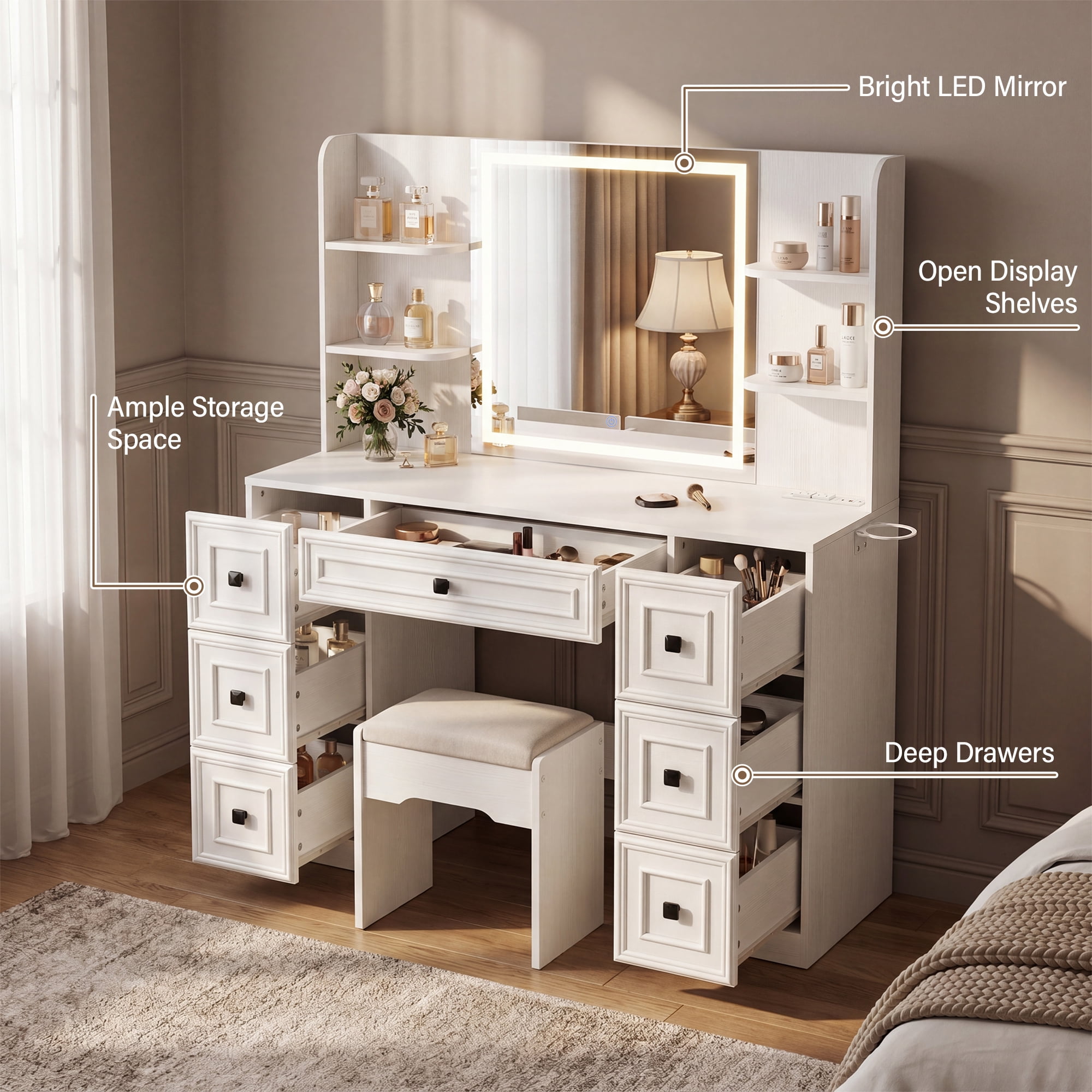 Lacoo Makeup Vanity Desk with LED Lighted Mirror & Charging Station, 7 Drawers Vanity Table with Open Shelves & Hair Dryer Holder for Bedroom Dressing Room, White