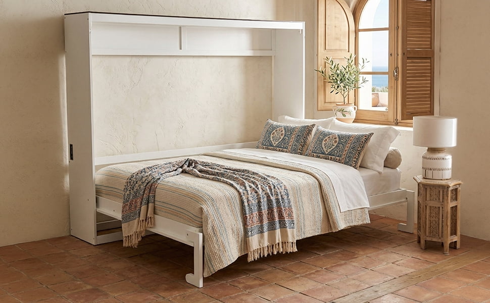 Mintazer Farmhouse Full Murphy Wall Bed with Barn Door & Charge Station, Folding Cabinet Bed for Home Office, White