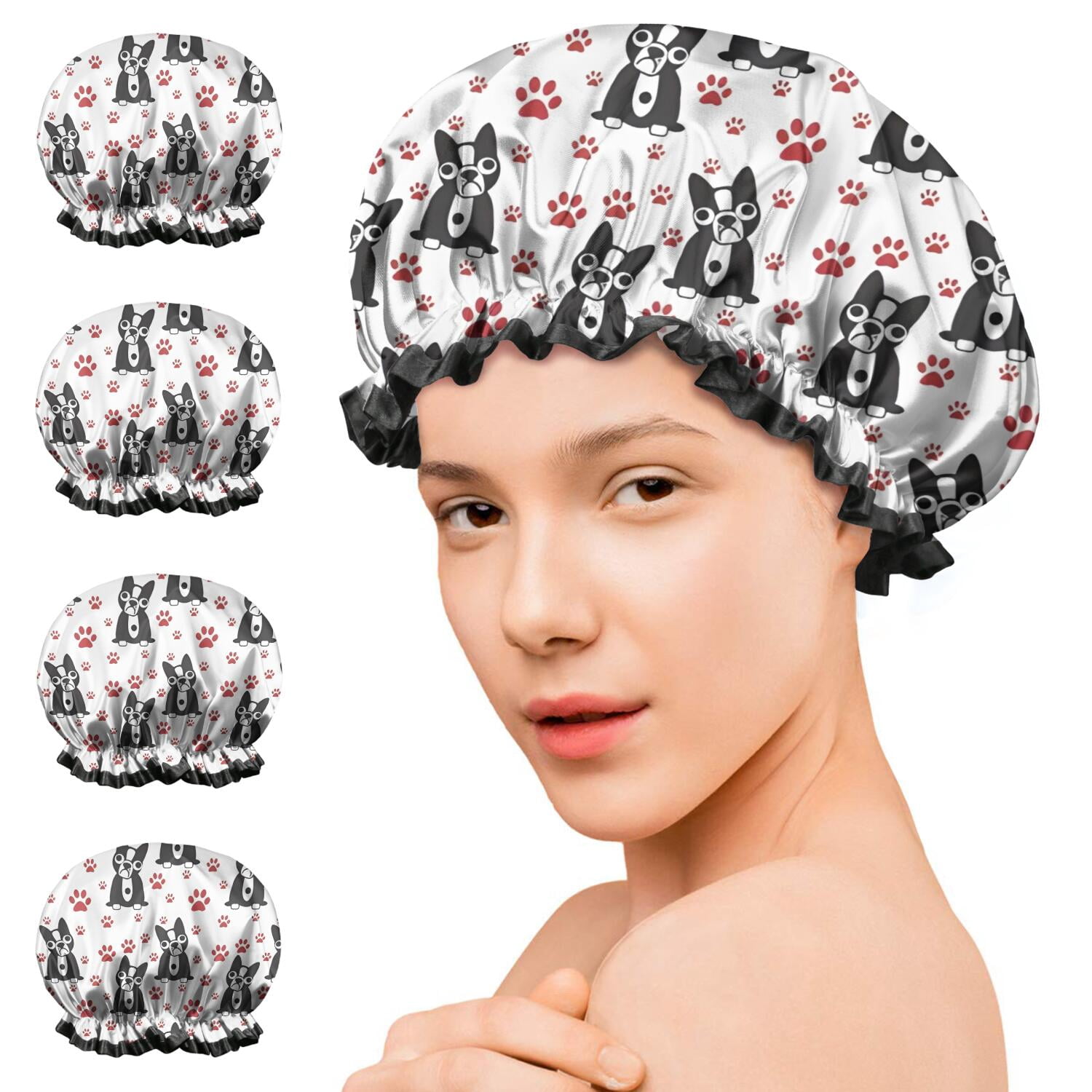 Shower Caps,Boston Terrier Puppy Dog Waterproof Shower Cap for Women 4 Pieces,Double Reusable Hair Cover for Shower PEVA Elastic Stretch Hem