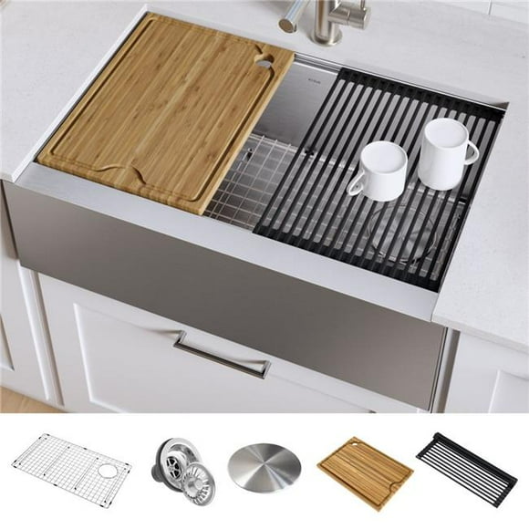 Kraus KWF410-33 33 in. Kore Workstation Farmhouse Flat Apron Front 16 Gauge Single Bowl Stainless Steel Kitchen Sink with Accessories - Pack of 5