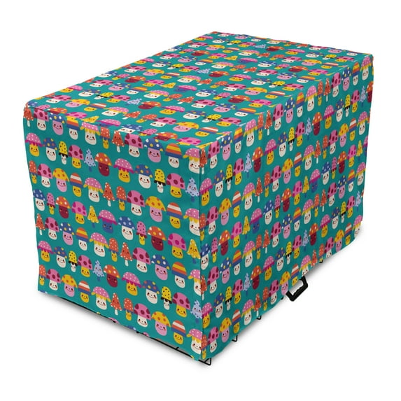 Mushroom Dog Crate Cover, Smiling Funky and Shapes with Polka Dots and Stripes, Easy to Use Pet Kennel Cover Small Dogs Puppies Kittens, 7 Sizes, Dark Seafoam Multicolor, by Ambesonne
