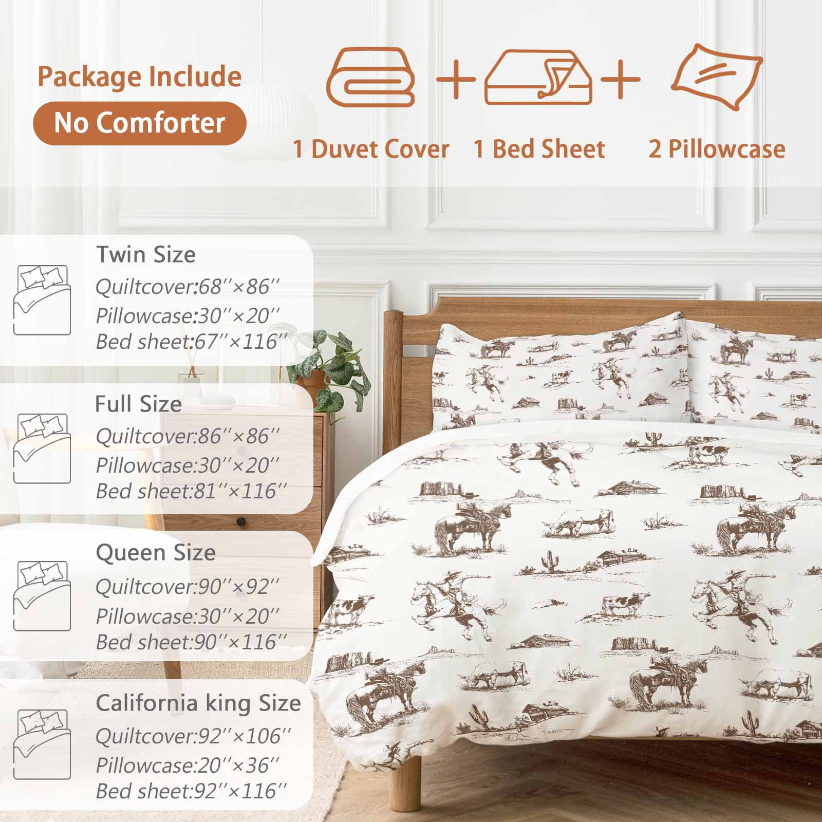 Western Cowboy Duvet Cover Set California King Size Retro Brown Desert Ethnic Horse Soft Lightweight Comforter Covers 4 Piece Bedding Set with 1 Duvet Cover 1 Bed Sheet & 2 Pillow Shams