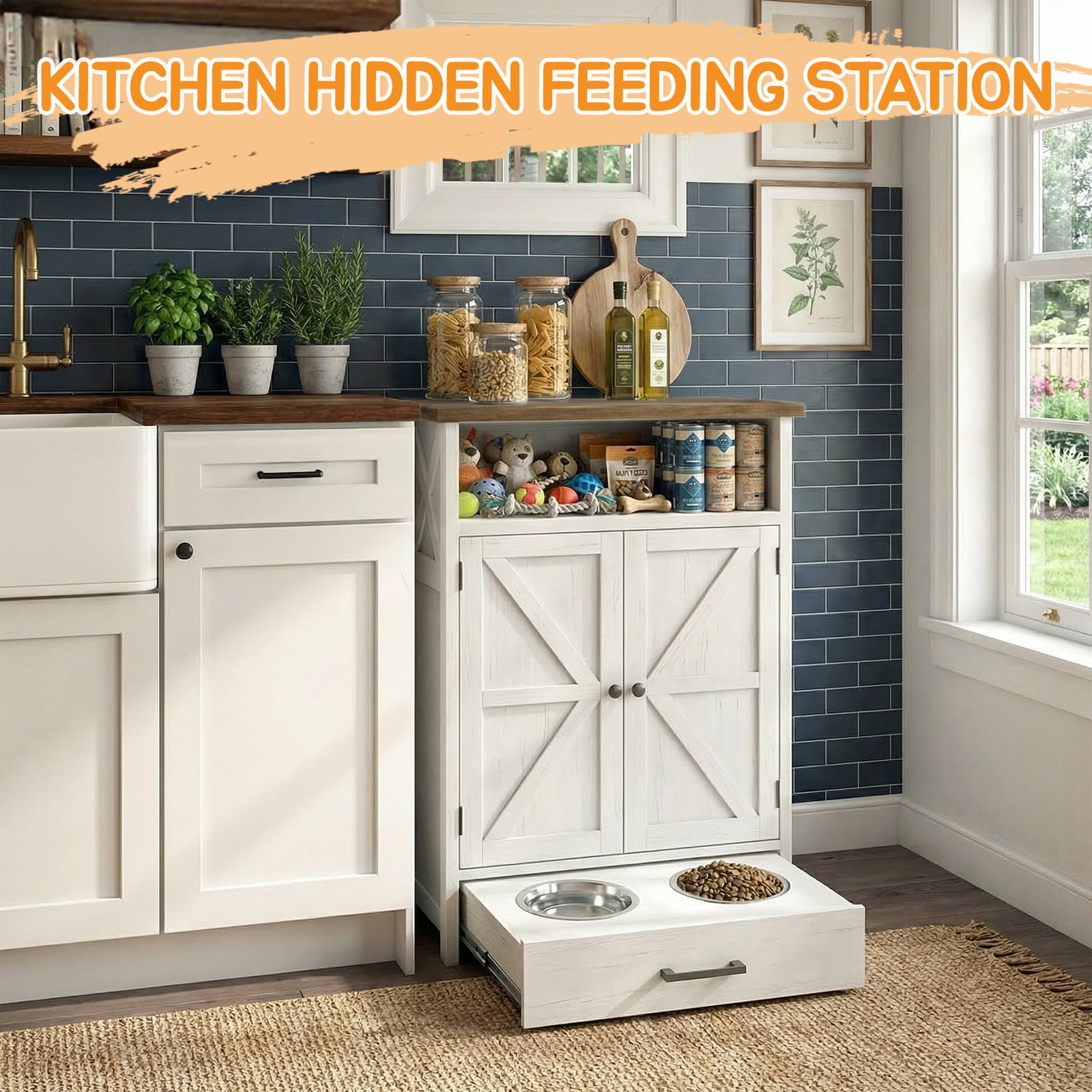 Dog Feeding Station with Storage Cabinet, Pet Feeder Station Cabinet with 3 Side Hooks, Raised 2 Elevated Dog Bowls & Hidden Pull-Out Drawer