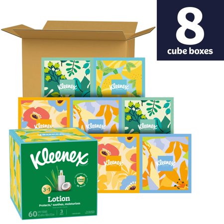 KLEENEX LOTION WITH COCONUT OIL 3-PLY CUBE BOX FACIAL TISSUES, 8 PACK (640 TOTAL TISSUES)