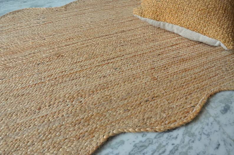 KLAVATE Natural Jute Wave Edge Hand Braided Scalloped Farmhouse Jute Runner Rug