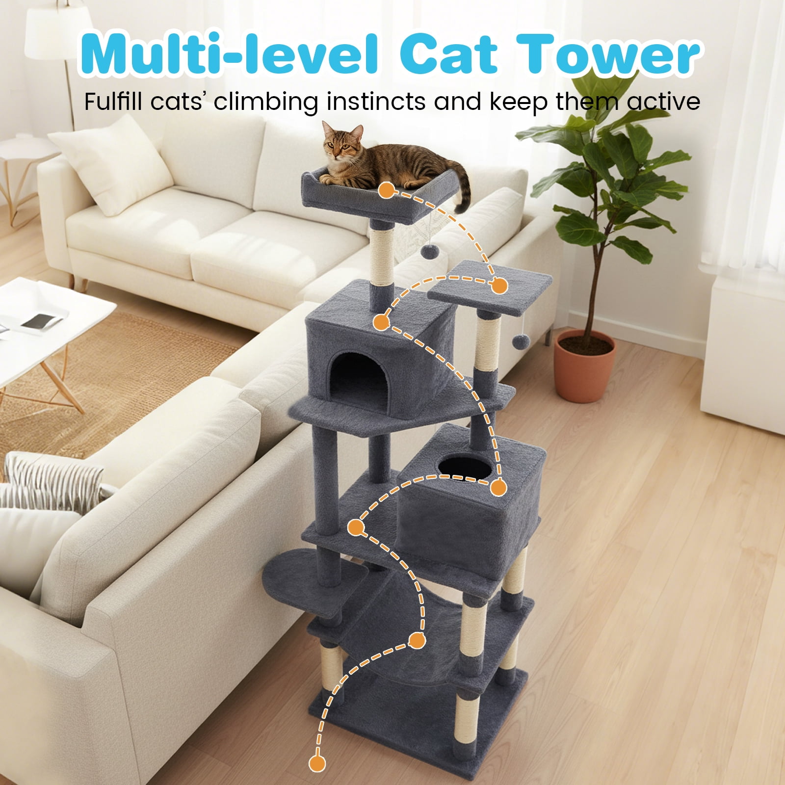 Costway 70” Cat Tree for Indoor Cats with Padded Top Perch, Dual Condos, Hammock, Platforms Dark Gray