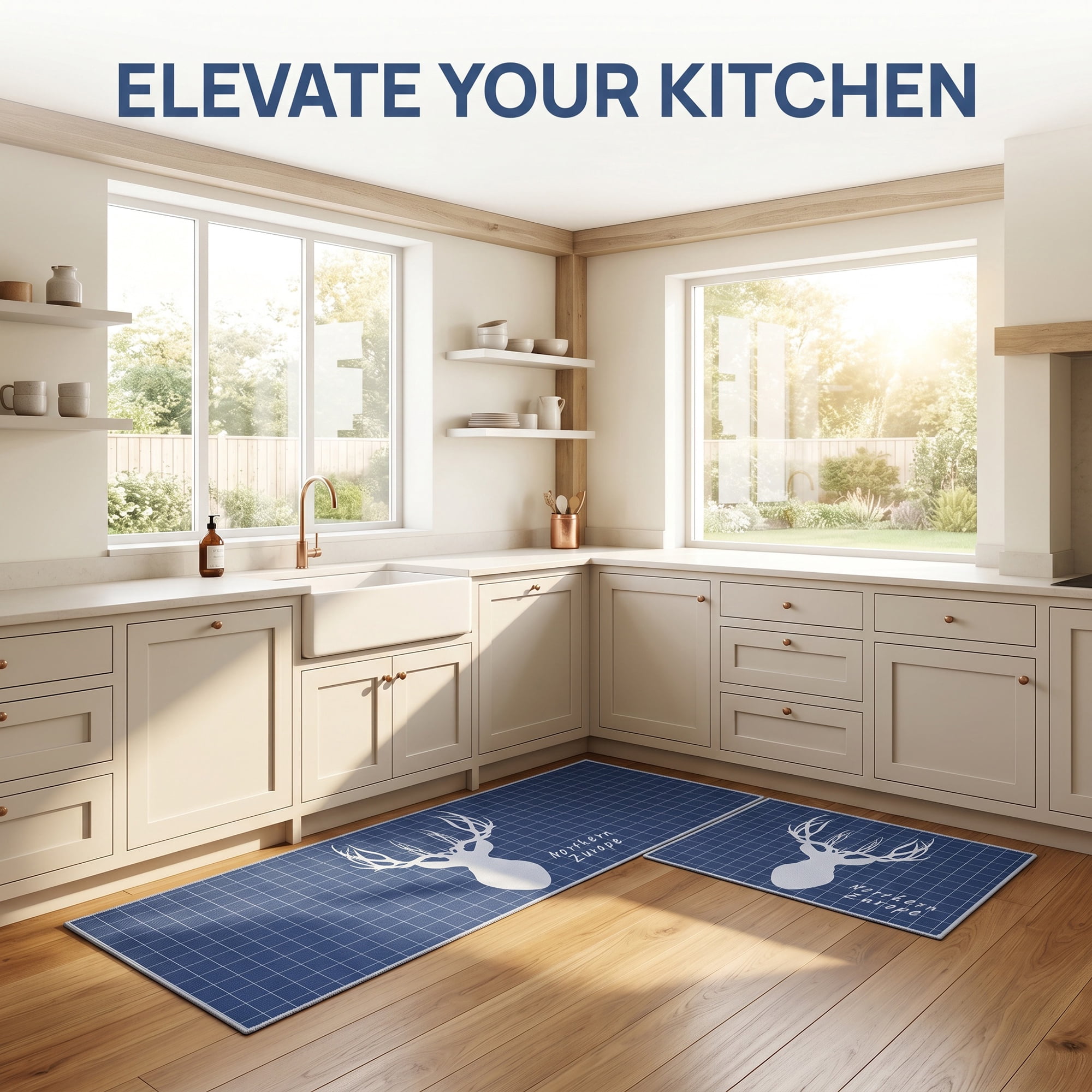 Unique Bargains Non Slip Deer Floral Printed Kitchen Rugs and Mats Blue 24"x16"+47"x16"