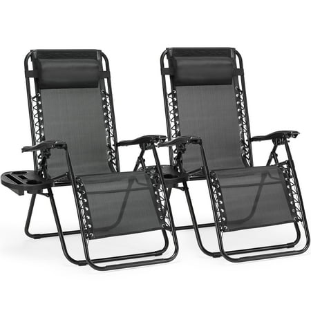 ZUNMOS Zero Gravity Chairs  Set of 2 Portable Recliner Beach Camping Patio Outdoor Folding Lounge Chair with Cup Holder Trays and Adjustable Pillow  Black