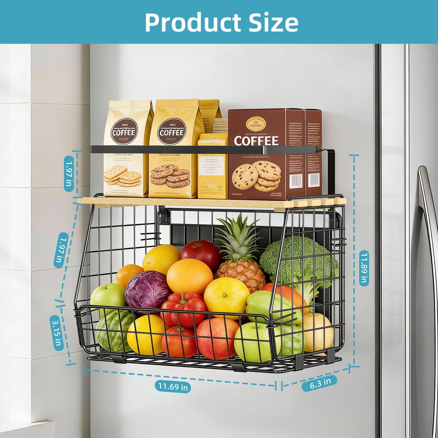 TINANA Magnetic Shelf for Fridge with Lid, 2 Pack Heavy-Duty Refrigerator Organizer, Fruit Potato Onion Storage Bin & Spice Rack for Kitchen, Pantry