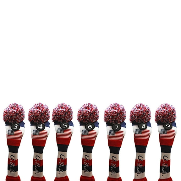 USA Majek Golf 3 4 5 6 7 8 9 Hybrid Set Headcovers Pom Pom Knit Limited Edition Vintage Classic Traditional Flag Stars Red White Blue Stripes Retro Head Cover 3-9 Set