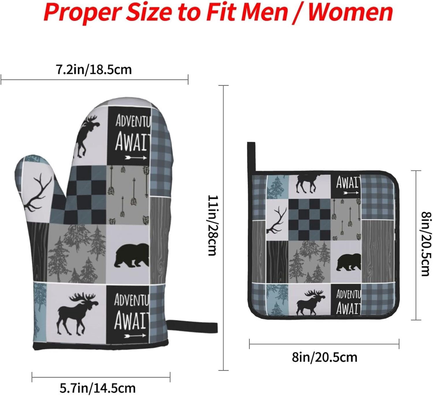 Cabin Oven Mitts and Pot Holders Set of 4 Bear Moose Cotton Lining with Non-Slip Hot Pads, Heat Resistant Kitchen Microwave Oven Gloves for Cooking Baking Grilling BBQ Decorative Gift